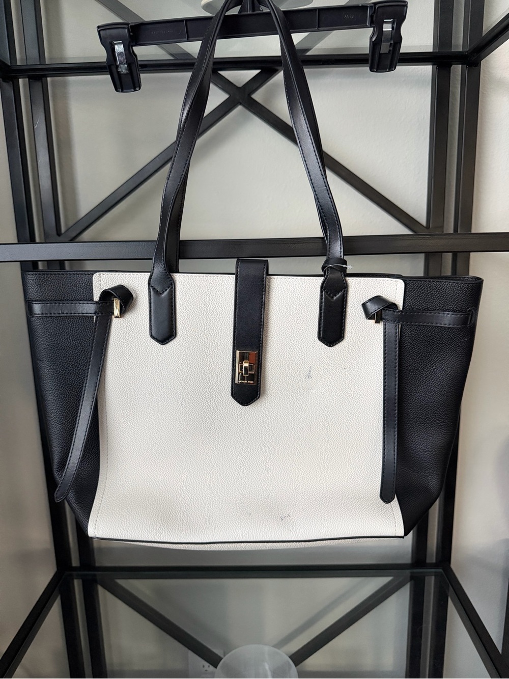 MICHAEL Michael Kors Black and White Leather Tote with Gold-Tone Hardware